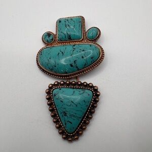 Vintage Copper Tone Statement Pendant Faux Turquoise Stones, Southwestern Style
